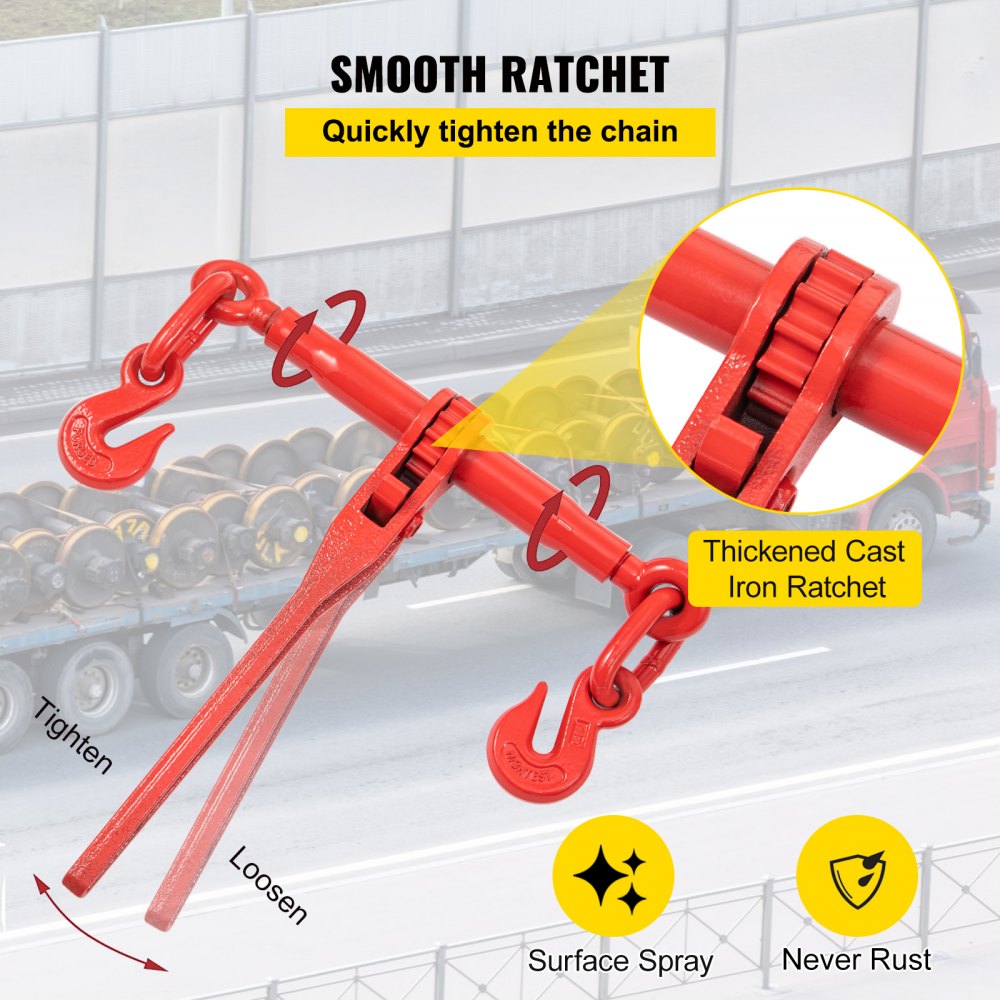 Chain Load Binder, 5/16" Tie Down Kit w/ 6600LBS Working Load Capacity and Two Grab Hooks, Includes (4) Ratchet Binders - (4) 21` Grade 80 Chains, Transport Load Package for Hauling, Towing