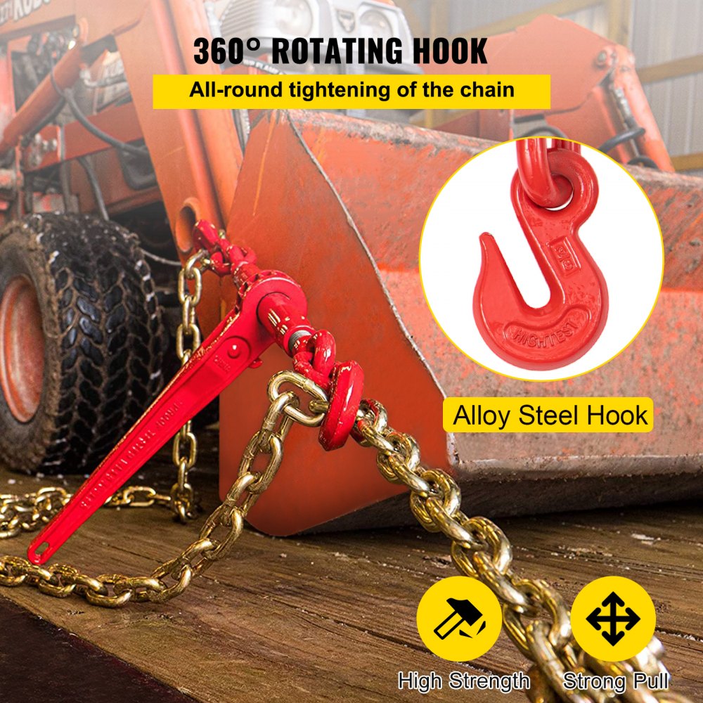 Chain Load Binder, 5/16" Tie Down Kit w/ 6600LBS Working Load Capacity and Two Grab Hooks, Includes (4) Ratchet Binders - (4) 21` Grade 80 Chains, Transport Load Package for Hauling, Towing