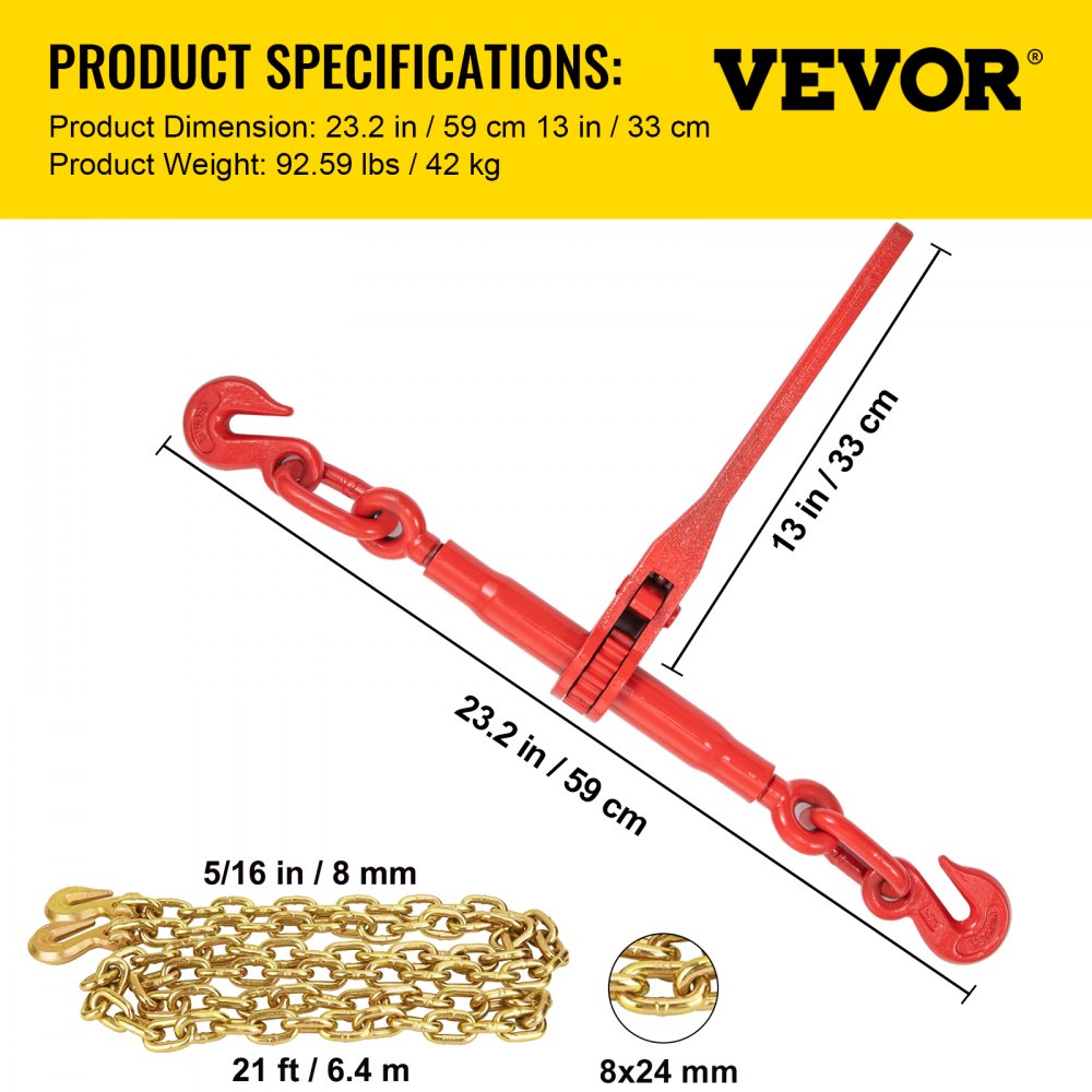Chain Load Binder, 5/16" Tie Down Kit w/ 6600LBS Working Load Capacity and Two Grab Hooks, Includes (4) Ratchet Binders - (4) 21` Grade 80 Chains, Transport Load Package for Hauling, Towing