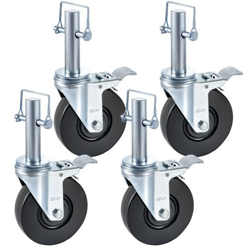 Baker Scaffold Wheels 4 Pack 5" Scaffolding Wheels 1" Solid Round Stem 280LBS Wheels for Scaffolding Rubber Scaffold Wheels with Dual Locking Heavy Duty Casters Capacity