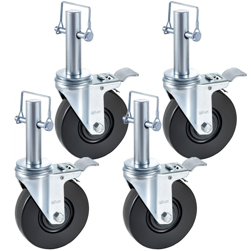 Baker Scaffold Wheels 4 Pack 5" Scaffolding Wheels 1" Solid Round Stem 280LBS Wheels for Scaffolding Rubber Scaffold Wheels with Dual Locking Heavy Duty Casters Capacity