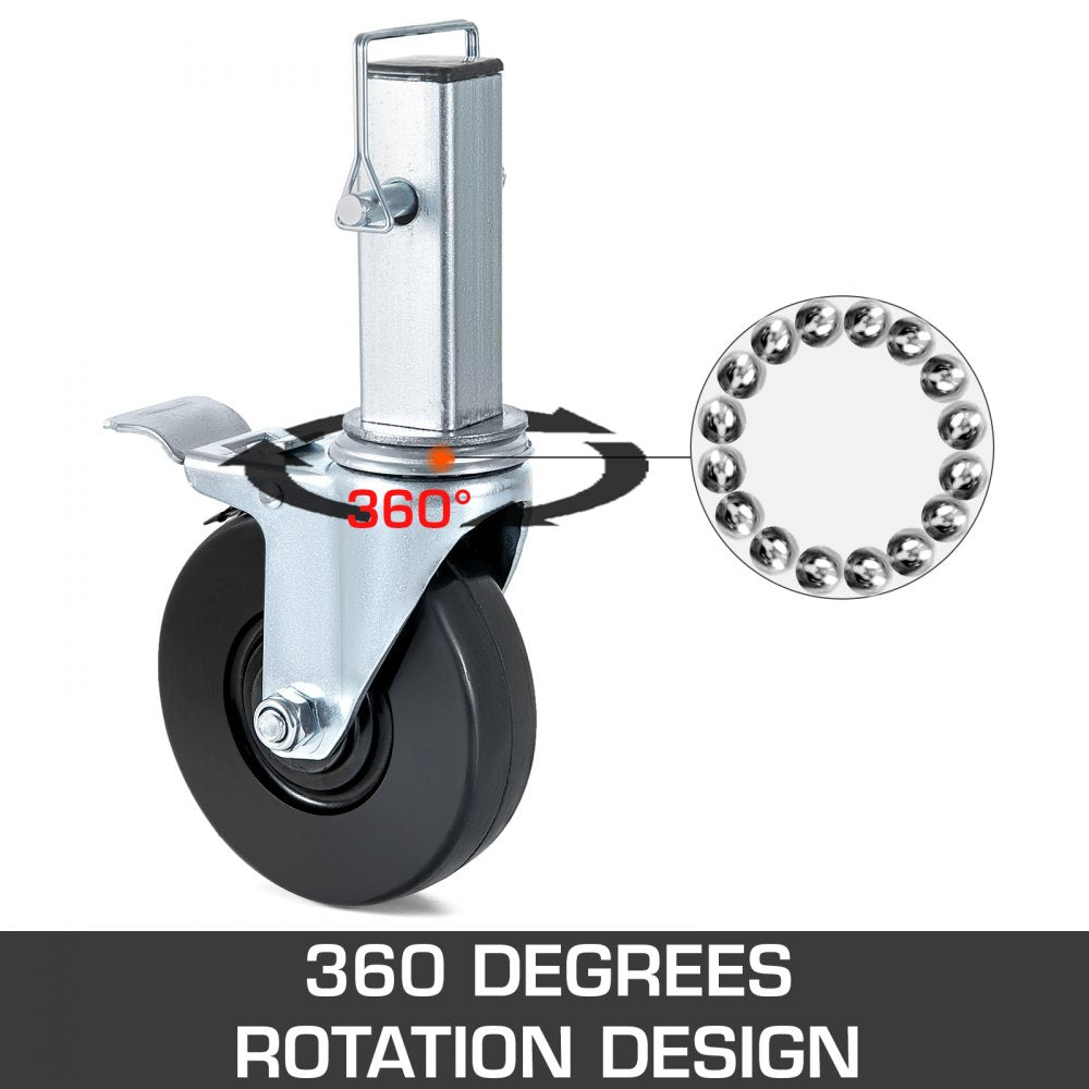 4 Pack 5Inch Scaffolding Rubber Swivel Caster Wheels with Dual Locking Heavy Duty Casters 1.25Inch Square Stem 440LBS Capacity per Wheel