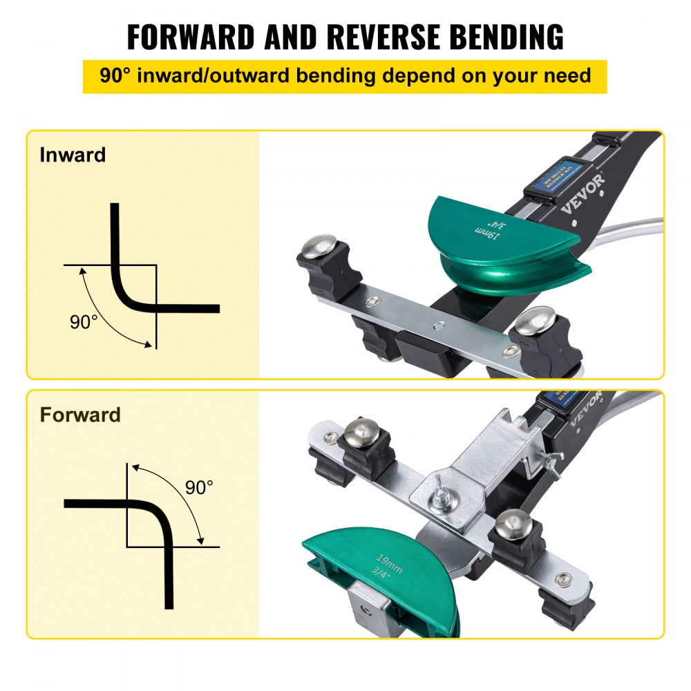 Bostome Copper Pipe Bender with seven color-coded dies for 90° forward and reverse bending.