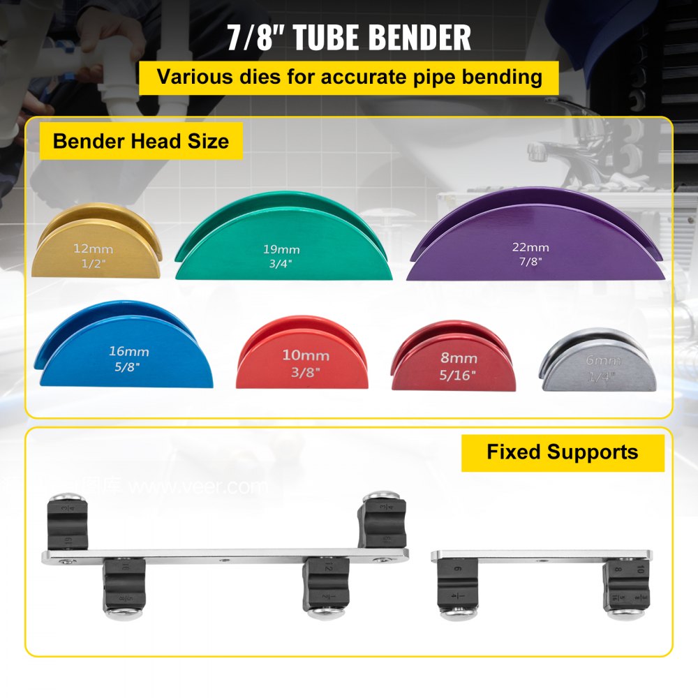 Bostome Copper Pipe Bender with seven color-coded dies for 90° forward and reverse bending.