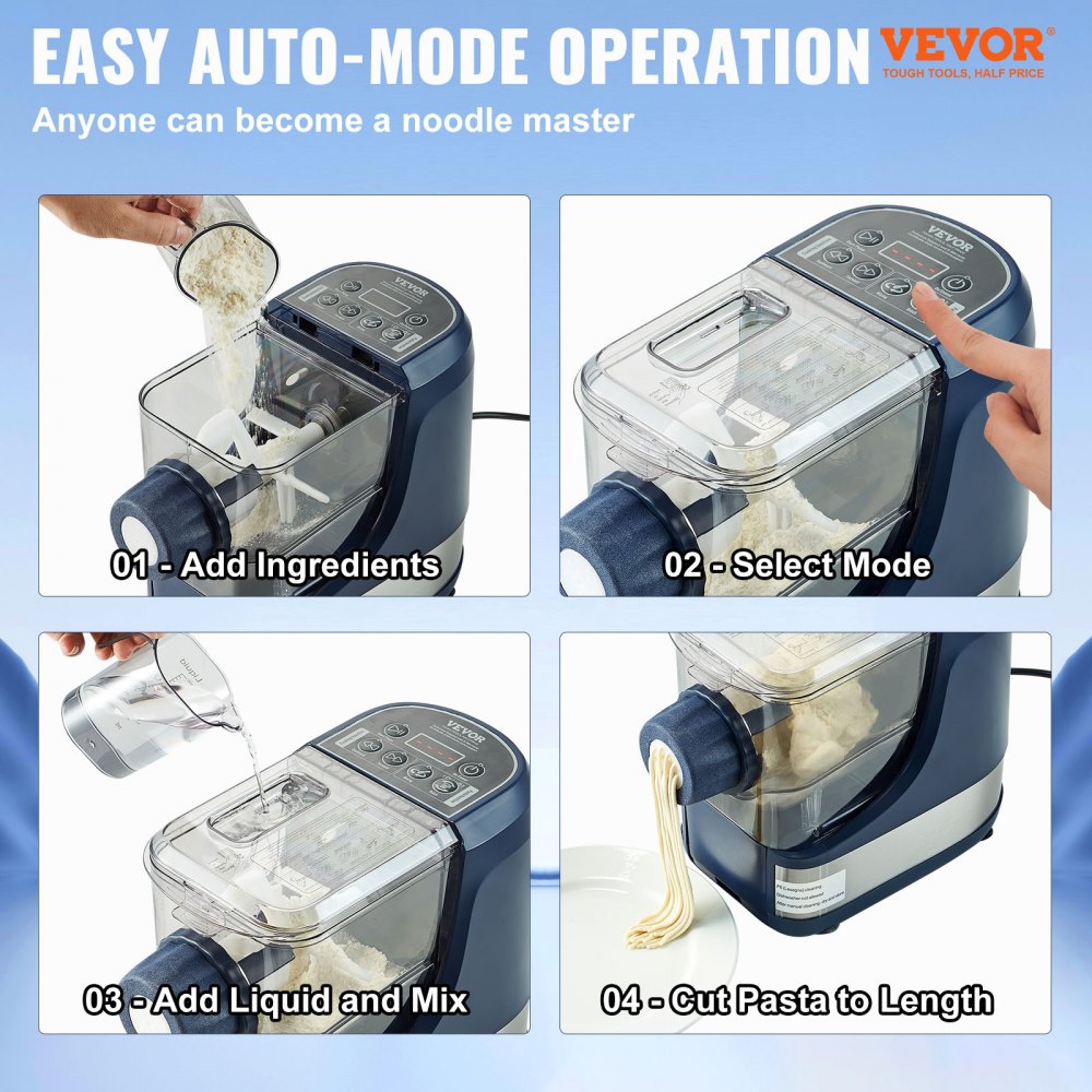 Electric Pasta Maker, 150W Automatic Noodle Maker Machine with 8 Pasta Shapes, 4 Intelligent Modes, 500g Flour Capacity Pasta Maker Machine with Measuring Cups, Cleaning Brush for Home Kitchen