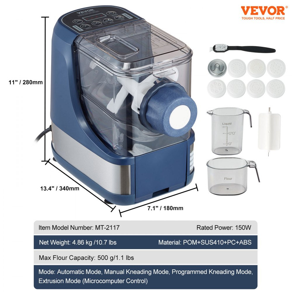 Electric Pasta Maker, 150W Automatic Noodle Maker Machine with 8 Pasta Shapes, 4 Intelligent Modes, 500g Flour Capacity Pasta Maker Machine with Measuring Cups, Cleaning Brush for Home Kitchen