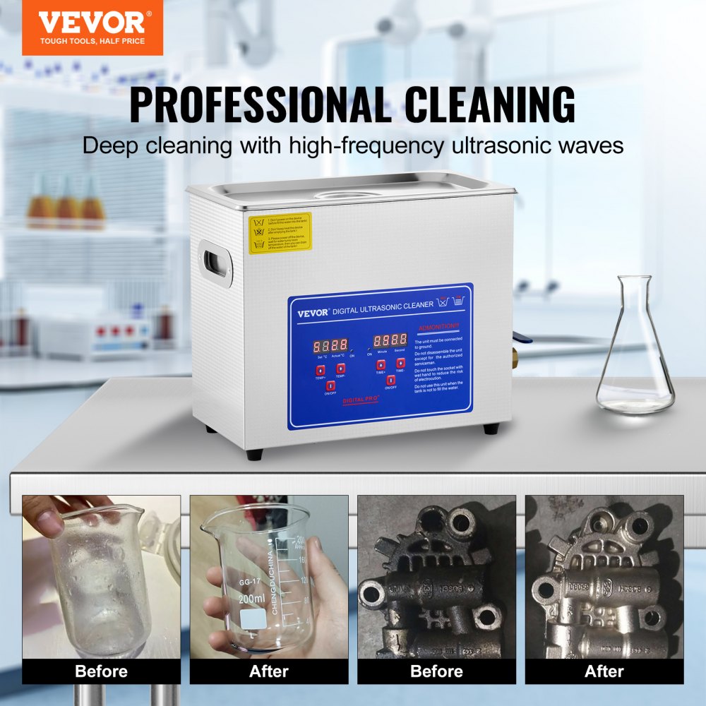 Commercial Ultrasonic Cleaner 6L Professional Ultrasonic Cleaner 40kHz with Digital Timer&Heater 110V Excellent Cleaning Machine for Watch Instruments Industrial Parts Excellent Cleaner Solution