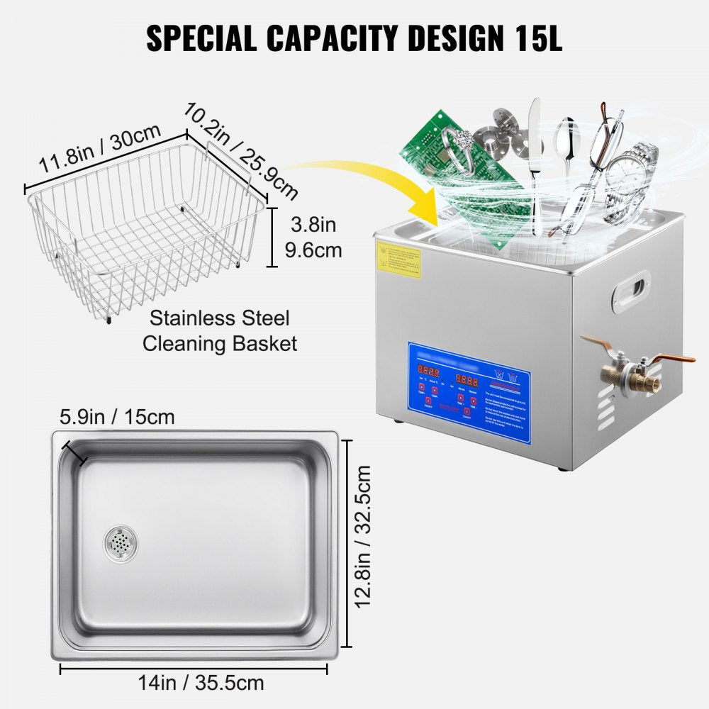 15L Ultrasonic Cleaner with Digital Timer&Heater Professional Ultrasonic Cleaner 40kHz Advanced Ultrasonic Cleaner 110V for Wrench Screwdriver Repairing Tools Industrial Parts Mental Cleaning