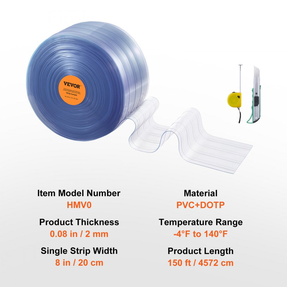 Strip Curtain, 150` Length, 8" Width, 0.08" Thickness, Clear Ribbed Plastic Door Strips, PVC Curtain Strip Door Bulk Roll for Warehouses, Factories, Supermarkets, Shopping Malls, Halls, Garages