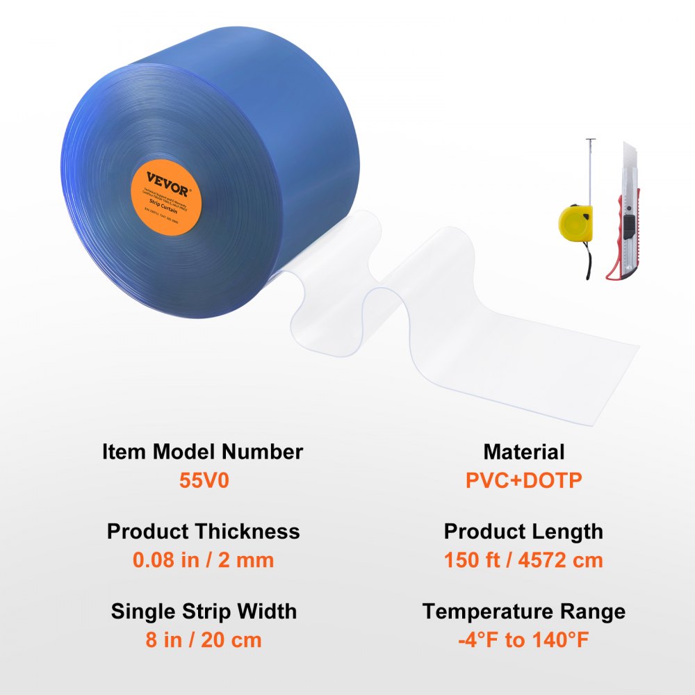 Strip Curtain, 150` Length, 8" Width, 0.08" Thickness, Clear Smooth Plastic Door Strips, PVC Curtain Strip Door Bulk Roll for Warehouses, Factories, Supermarkets, Shopping Malls, Halls, Garages
