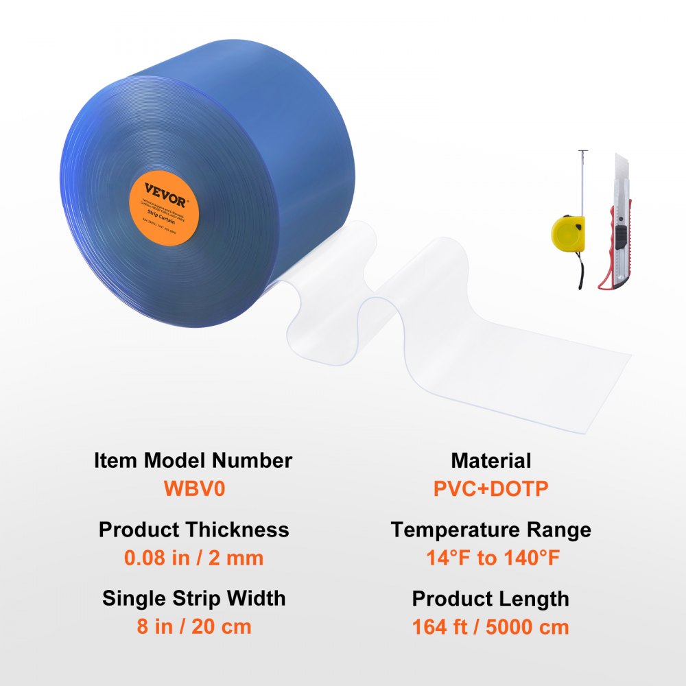 Strip Curtain, 164` Length x 8" Width x 0.08" Thickness, Clear PVC Smooth Curtain Strip Door Bulk Roll, Plastic Door Strips for Doorways of Supermarket, Garage, Warehouse, Barn, Pet Animal House