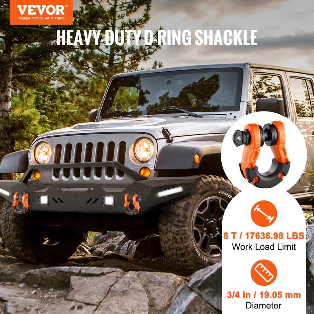 3/4" D-Ring Shackle, 2 Pack Alloy Steel Shackles 66139 lbs (30 Ton) Break Strength with 7/8" Screw Pin, Isolators & Washers, Heavy Duty Off Road Vehicle Recovery Shackle for Jeep Truck, Orange