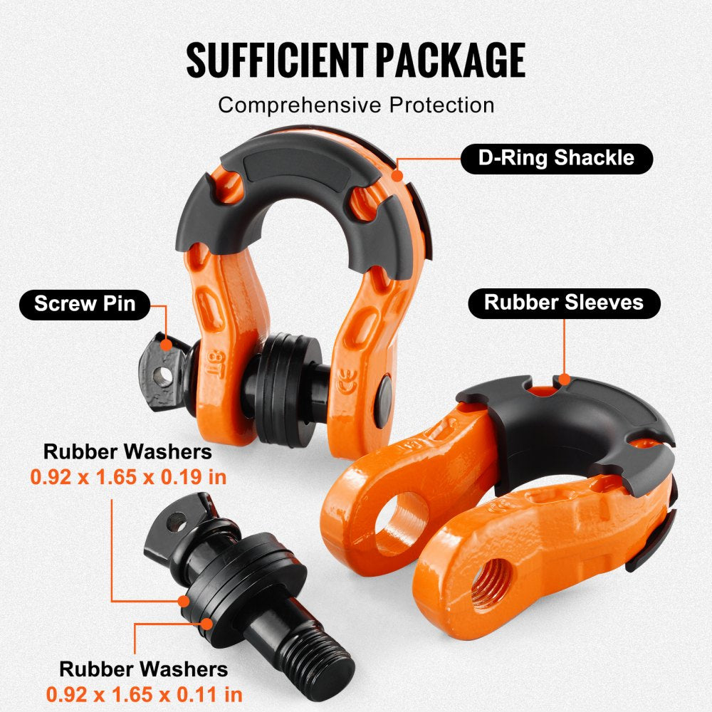 3/4" D-Ring Shackle, 2 Pack Alloy Steel Shackles 66139 lbs (30 Ton) Break Strength with 7/8" Screw Pin, Isolators & Washers, Heavy Duty Off Road Vehicle Recovery Shackle for Jeep Truck, Orange