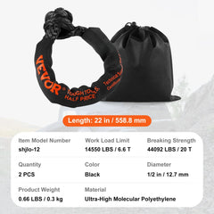 Soft Shackle Synthetic Recovery Rope 2PCS 1/2"x22" 44092lbs Break Strength