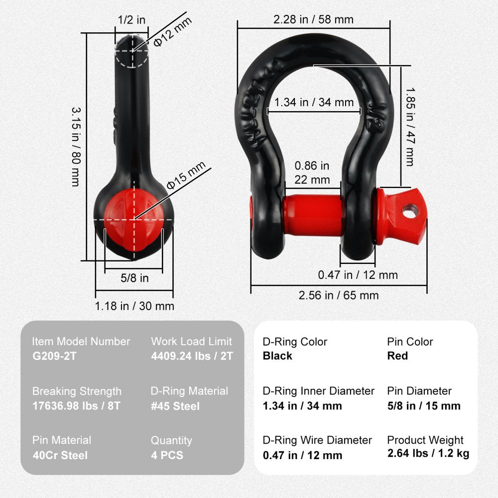 1/2" D-Ring Shackle, 4 Pack Alloy Steel Shackles 17637 lbs (8 Ton) Break Strength with 5/8" Screw Pin, Heavy Duty Off Road Vehicle Recovery Shackle, Towing Accessories for Jeep Truck, Black