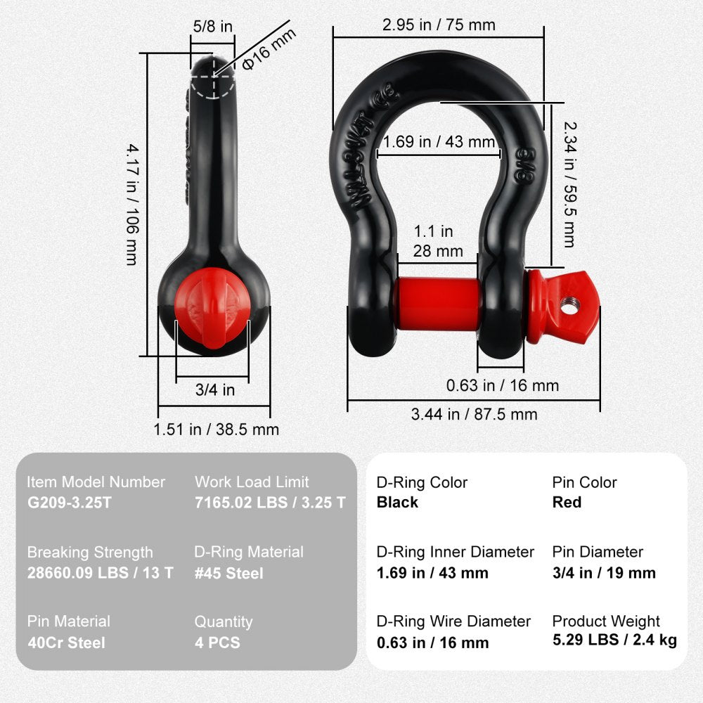 5/8" D-Ring Shackle, 4 Pack Alloy Steel Shackles 28660 lbs (13 Ton) Break Strength with 3/4" Screw Pin, Heavy Duty Off Road Vehicle Recovery Shackle, Towing Accessories for Jeep Truck, Black