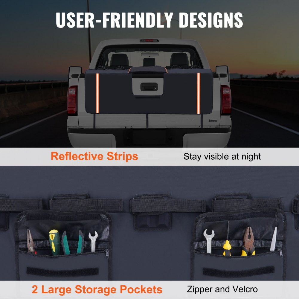 Tailgate Bike Pad, 62" Truck Tailgate Pad Carry 6 Mountain Bikes, Upgraded Grooves Tailgate Protection Pad with Reflective Strips and Tool Pockets, with Camera Opening for Most Pickup Trucks