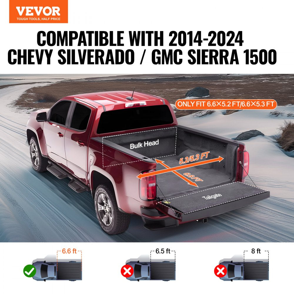 Truck Bed Cover, Roll Up Truck Bed Tonneau Cover, Compatible with 2014-2024 Chevy Silverado / GMC Sierra 1500, for 6.6 x 5.2 ft / 6.6 x 5.3 ft Bed, Soft PVC material, Roll Up Tonneau Cover