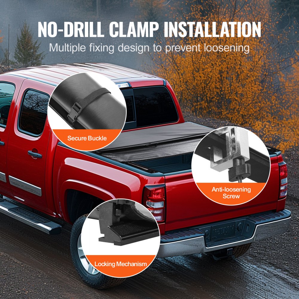 Truck Bed Cover, Roll Up Truck Bed Tonneau Cover, Compatible with 2014-2024 Chevy Silverado / GMC Sierra 1500, for 6.6 x 5.2 ft / 6.6 x 5.3 ft Bed, Soft PVC material, Roll Up Tonneau Cover