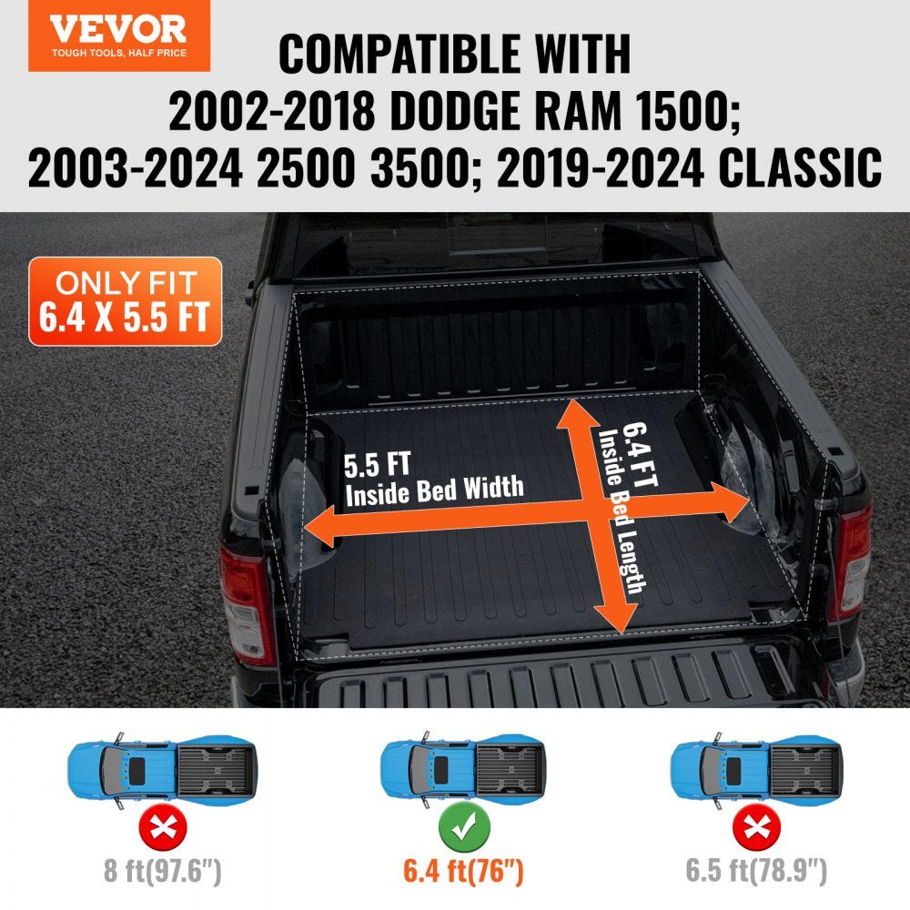 Truck Bed Cover, Roll Up Truck Bed Tonneau Cover, Compatible with 2002-2018 Dodge Ram 1500, 2003-2024 2500 3500, 2019-2024 Classic, for 6.4 x 5.5 ft Bed, Soft PVC material, Roll Up Tonneau Cover