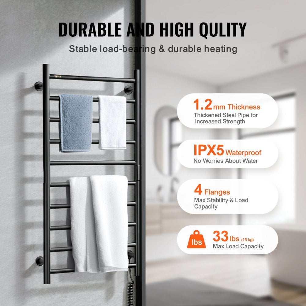 10-Bar Towel Warmer Rack Wall Mounted Heated Towel Rack for Bathroom Black
