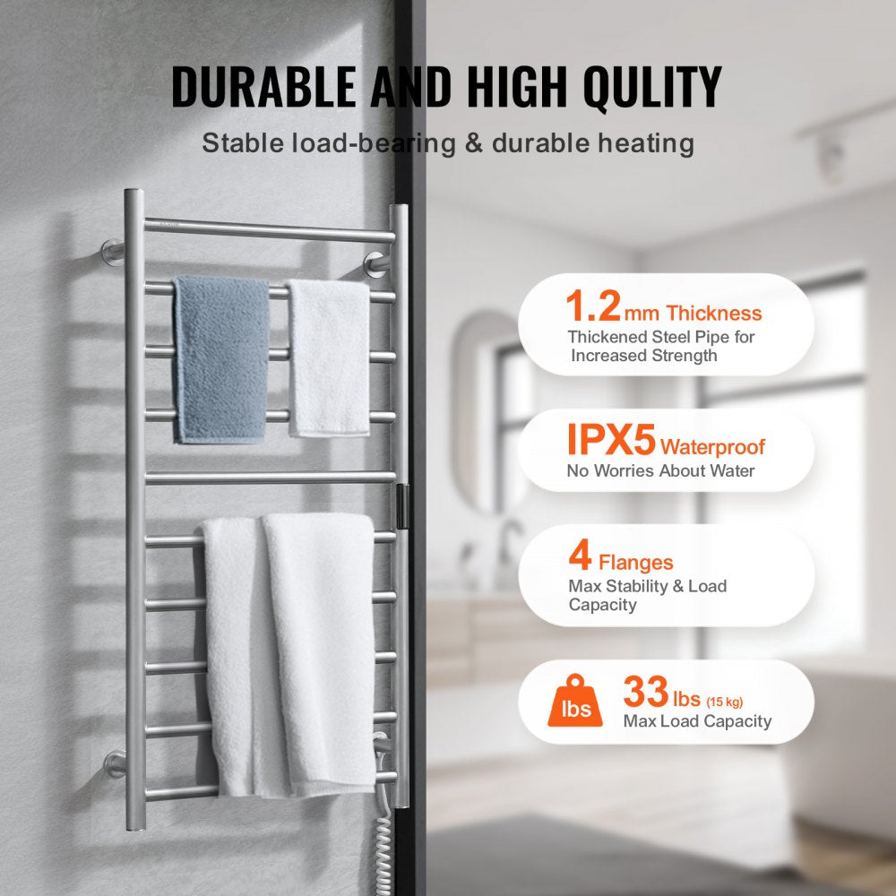 10 Bars Towel Warmer Rack Wall Mounted Heated Towel Rack Bathroom Silver
