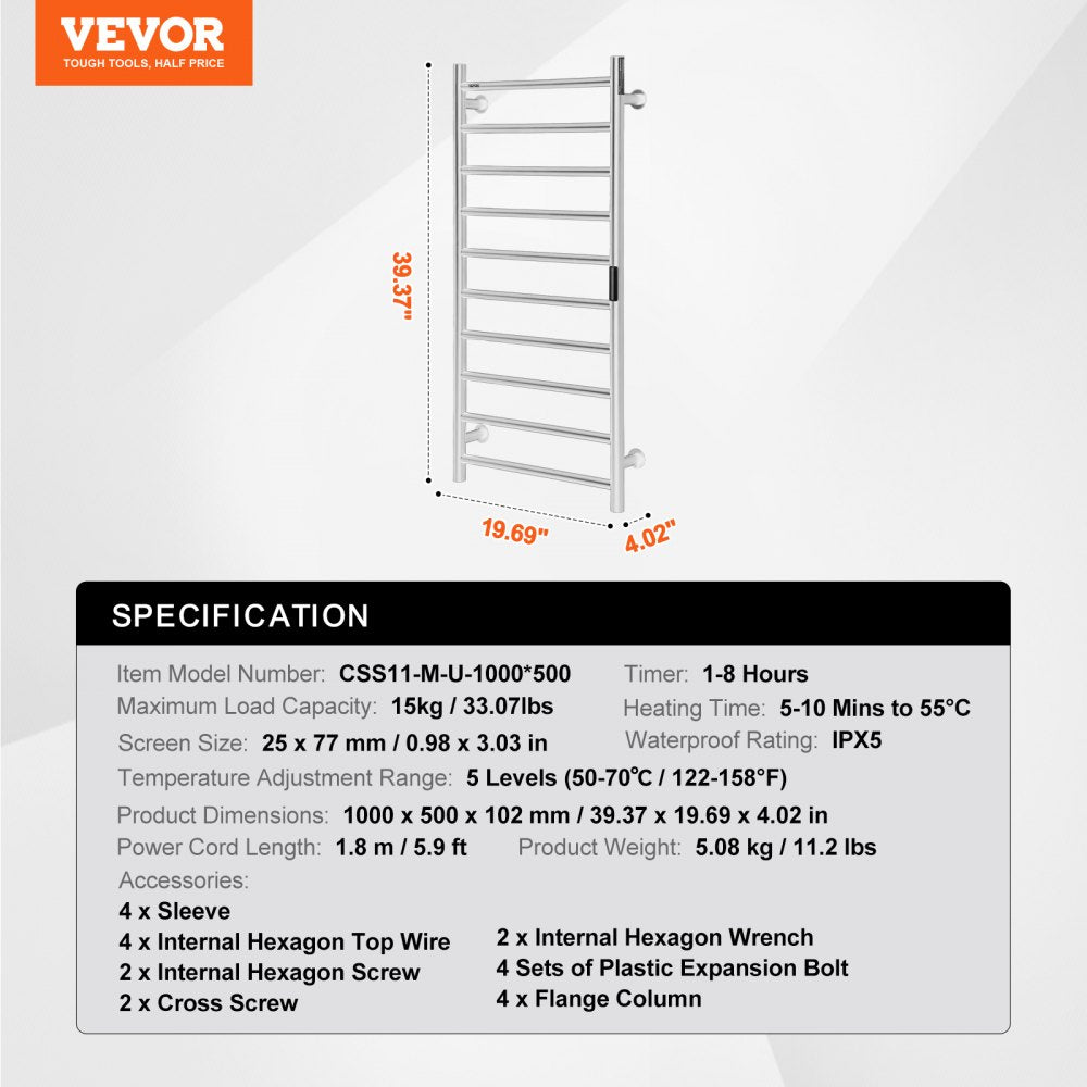 10 Bars Towel Warmer Rack Wall Mounted Heated Towel Rack Bathroom Silver