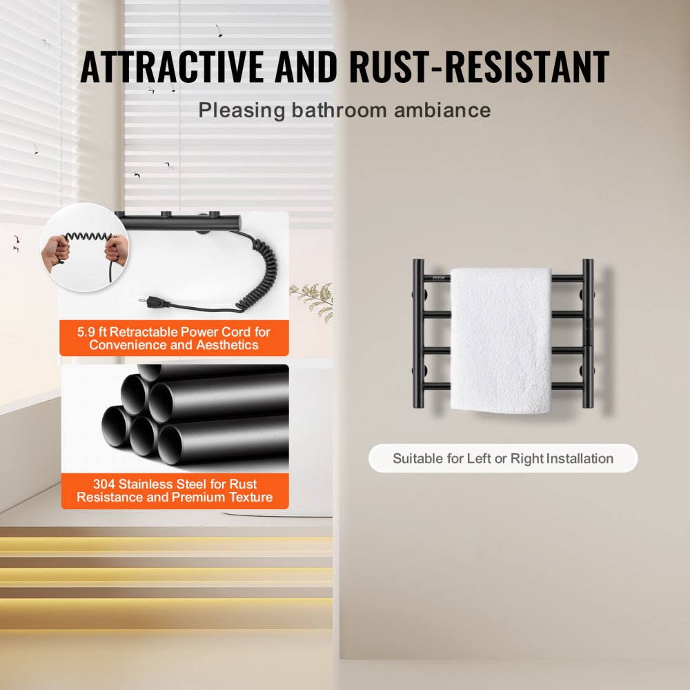 Towel Warmer Heated Towel Bar-Rack - Nopwer Bathroom Wall Mounted Electric Towel Drying Plug-in Matte  Black 4 Bars