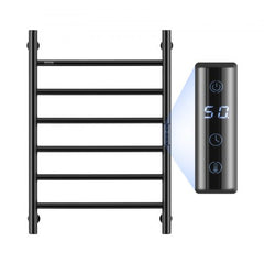 Matte black wall-mounted electric heated towel rack with 6 bars and digital thermostat.