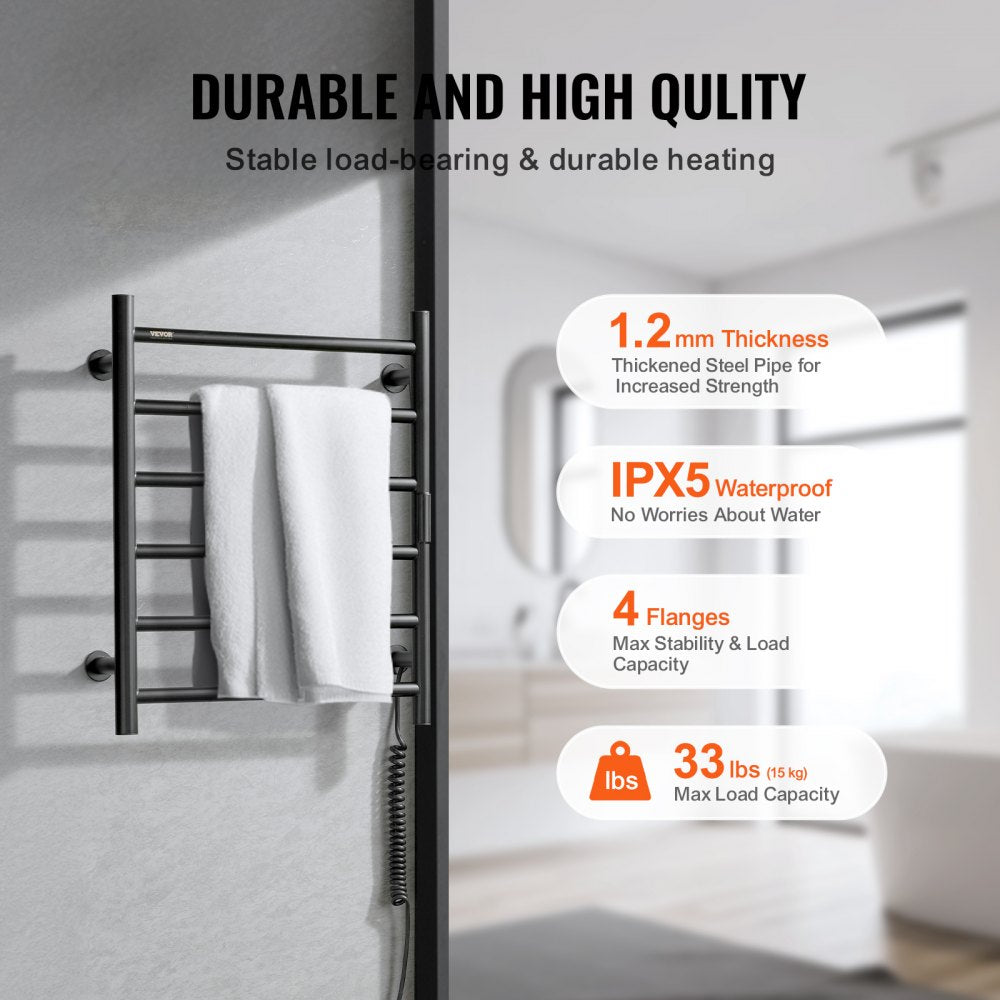 Matte black wall-mounted electric heated towel rack with 6 bars and towels.