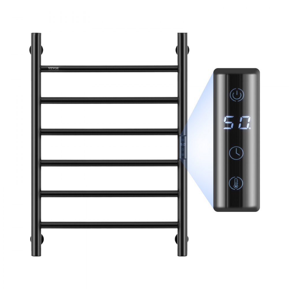 Matte black wall-mounted electric heated towel rack with 6 bars and digital thermostat control.
