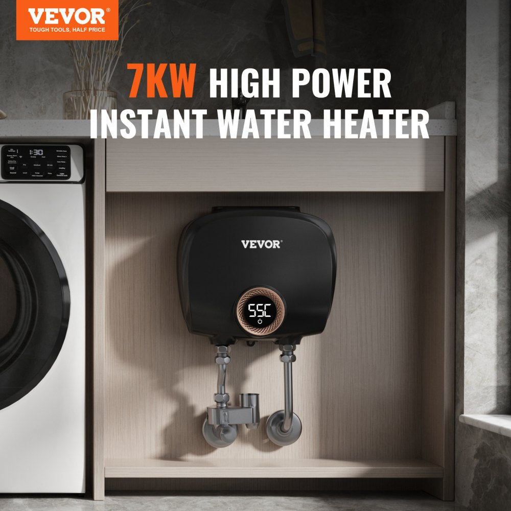 Bostome 7KW electric tankless water heater with digital display and compact under-sink design.
