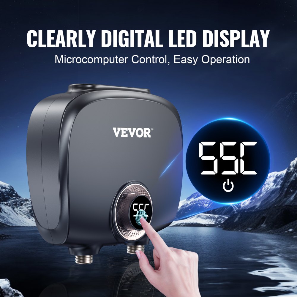 Bostome 7KW electric tankless water heater with digital display for under-sink installation.