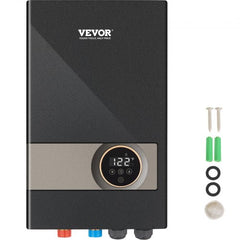 Black Bostome 18kW electric tankless water heater with digital display and mounting hardware.