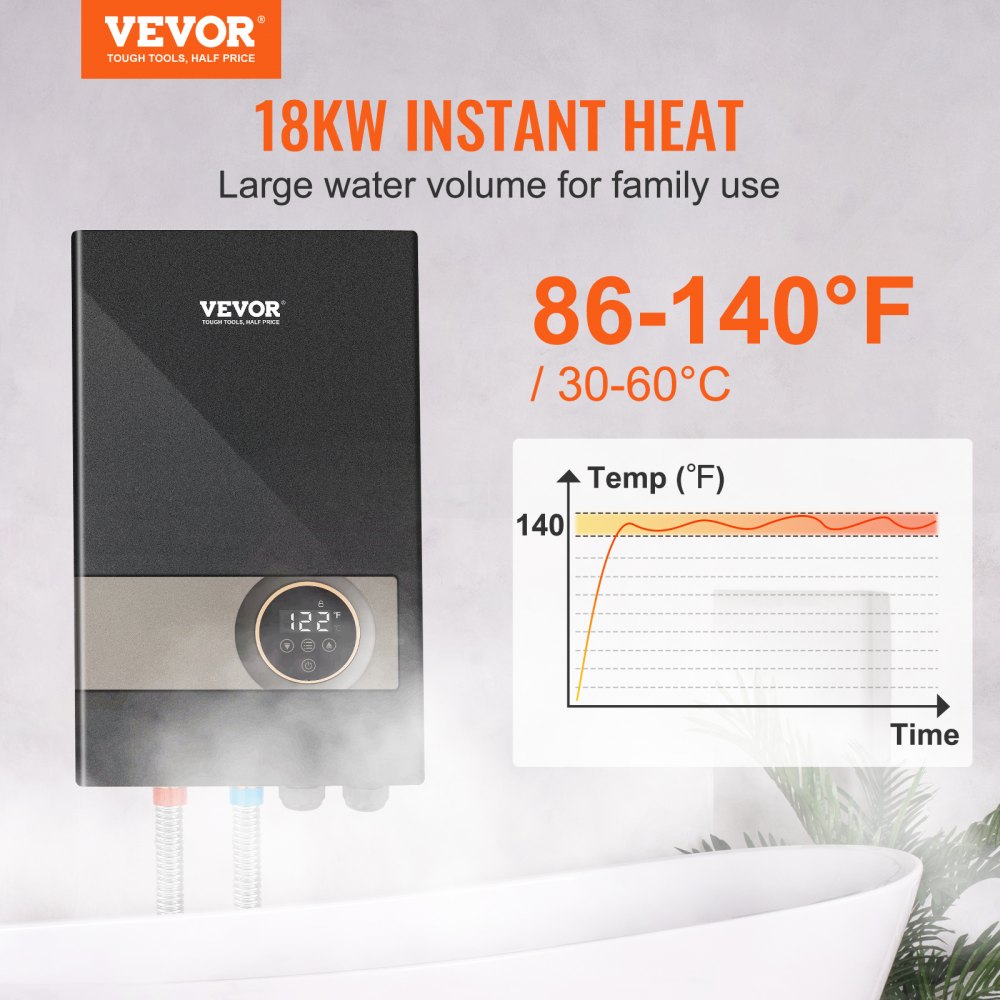 Black Bostome 18kW electric tankless water heater with digital display and temperature graph.