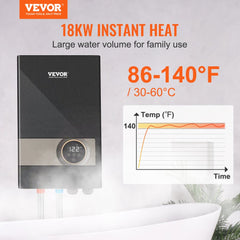 Black Bostome 18kW electric tankless water heater with digital display and temperature graph.