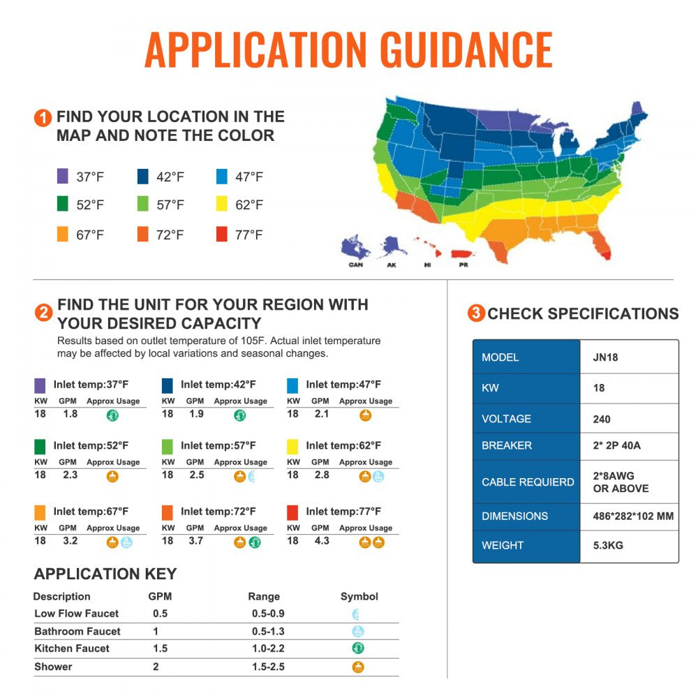 Application guidance chart for Bostome 18kW electric tankless water heater with US map, specs, and model J18.