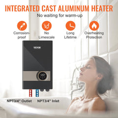 Black Bostome 18kW electric tankless water heater with LED display and NPT3/4 ports.