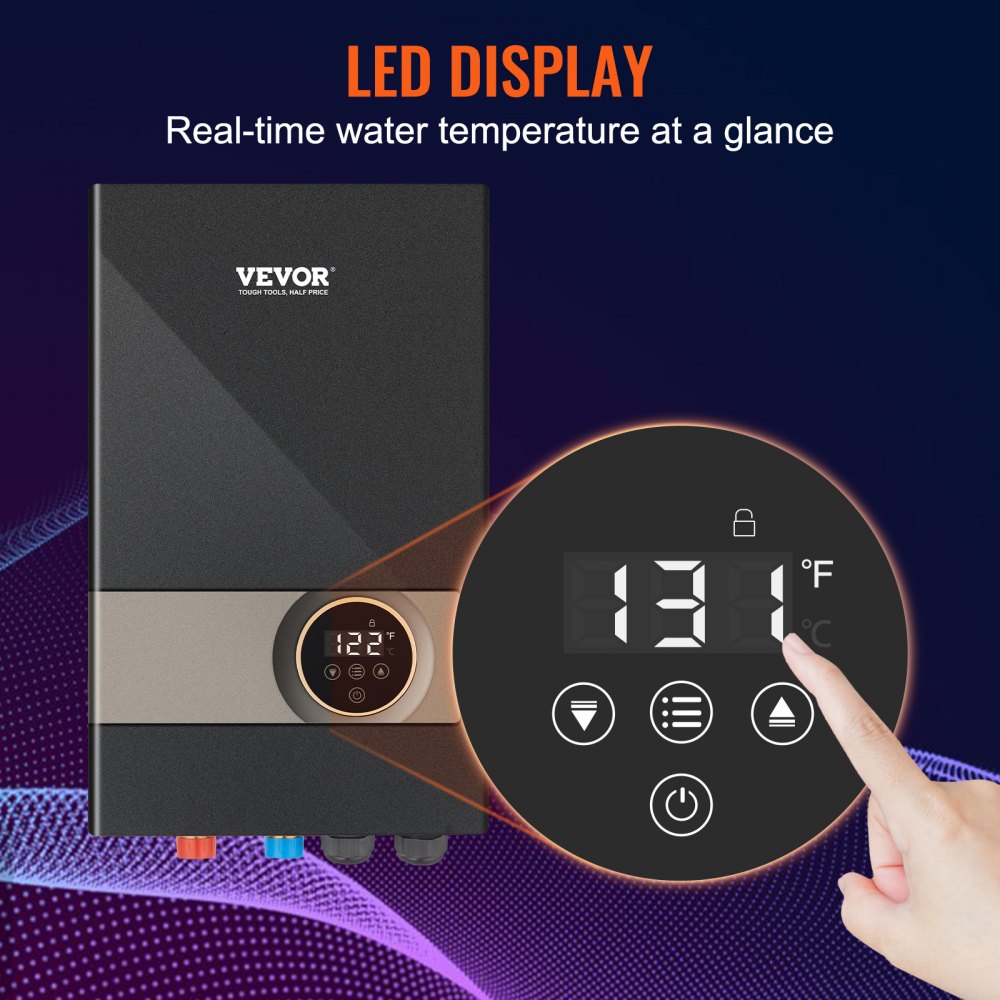 Black VEVOR electric tankless water heater with LED display showing 131°F temperature.