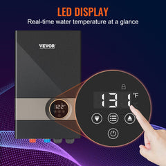 Black VEVOR electric tankless water heater with LED display showing 131°F temperature.