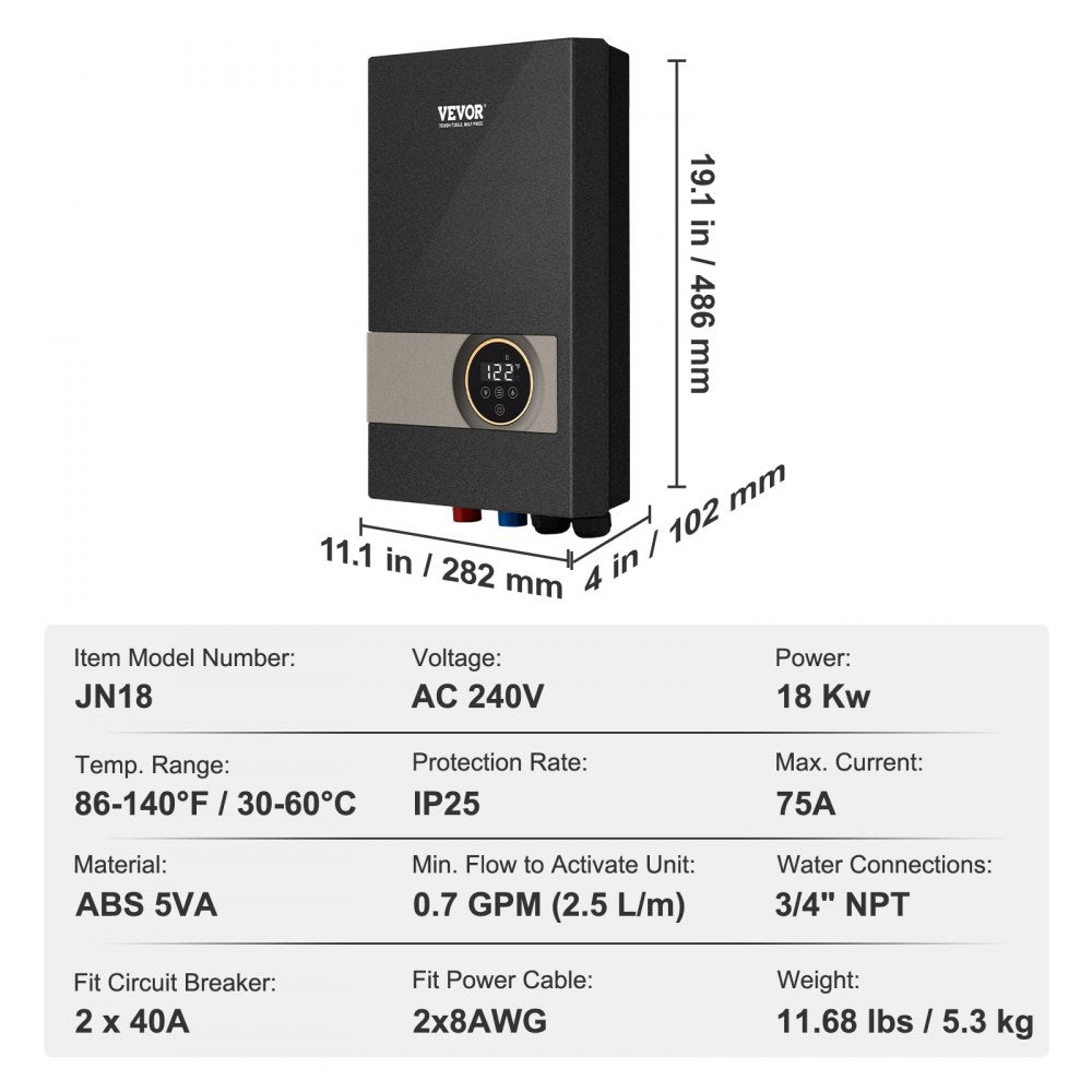 Bostome 18kW electric tankless water heater with digital display and dimensions.
