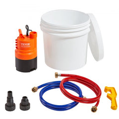 Orange and black pump, white 3.7-gallon pail, red and blue hoses, and fittings for flushing kit