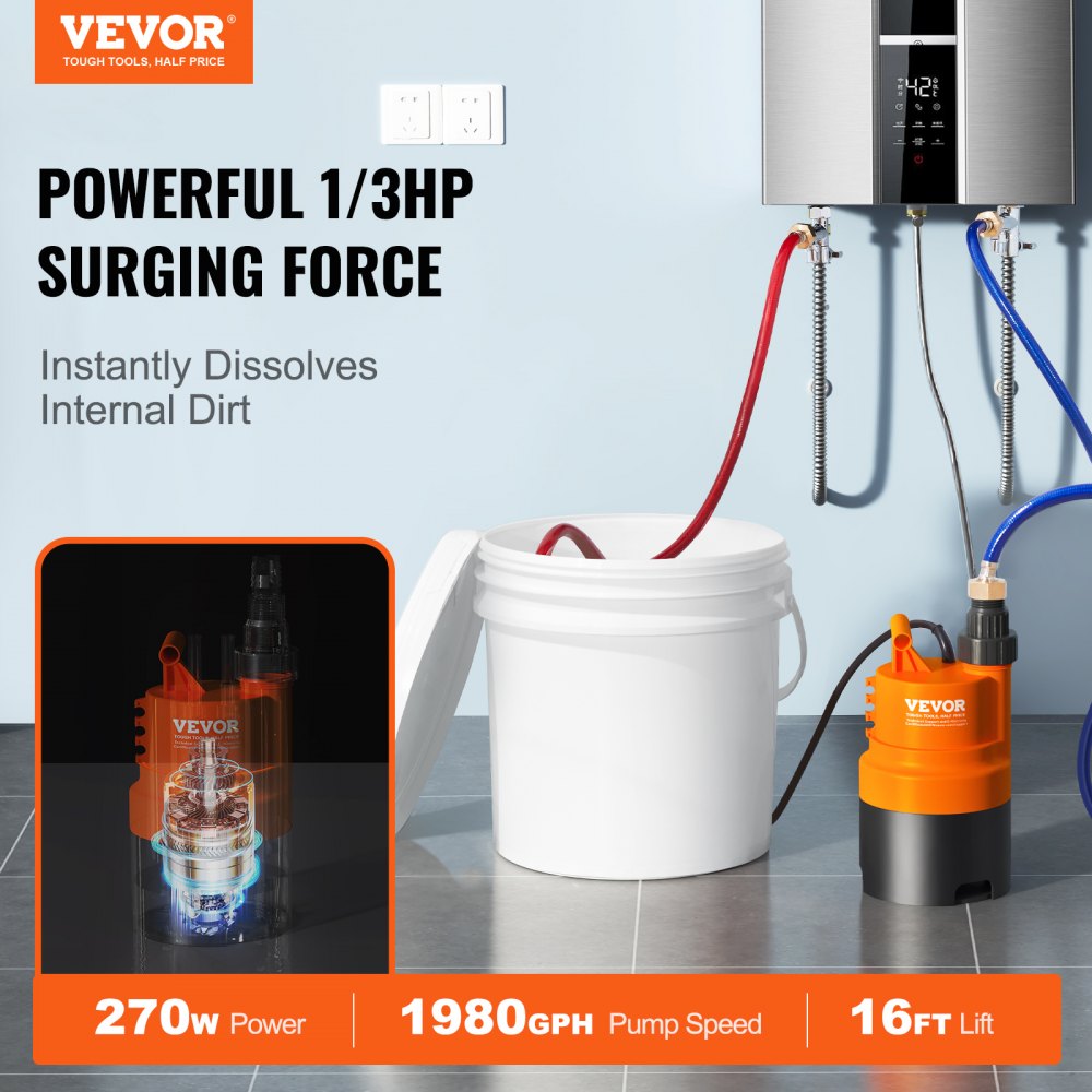 Bostome tankless water heater flushing kit with 1/3 HP orange submersible pump, hoses, and 3.7-gallon white pail.