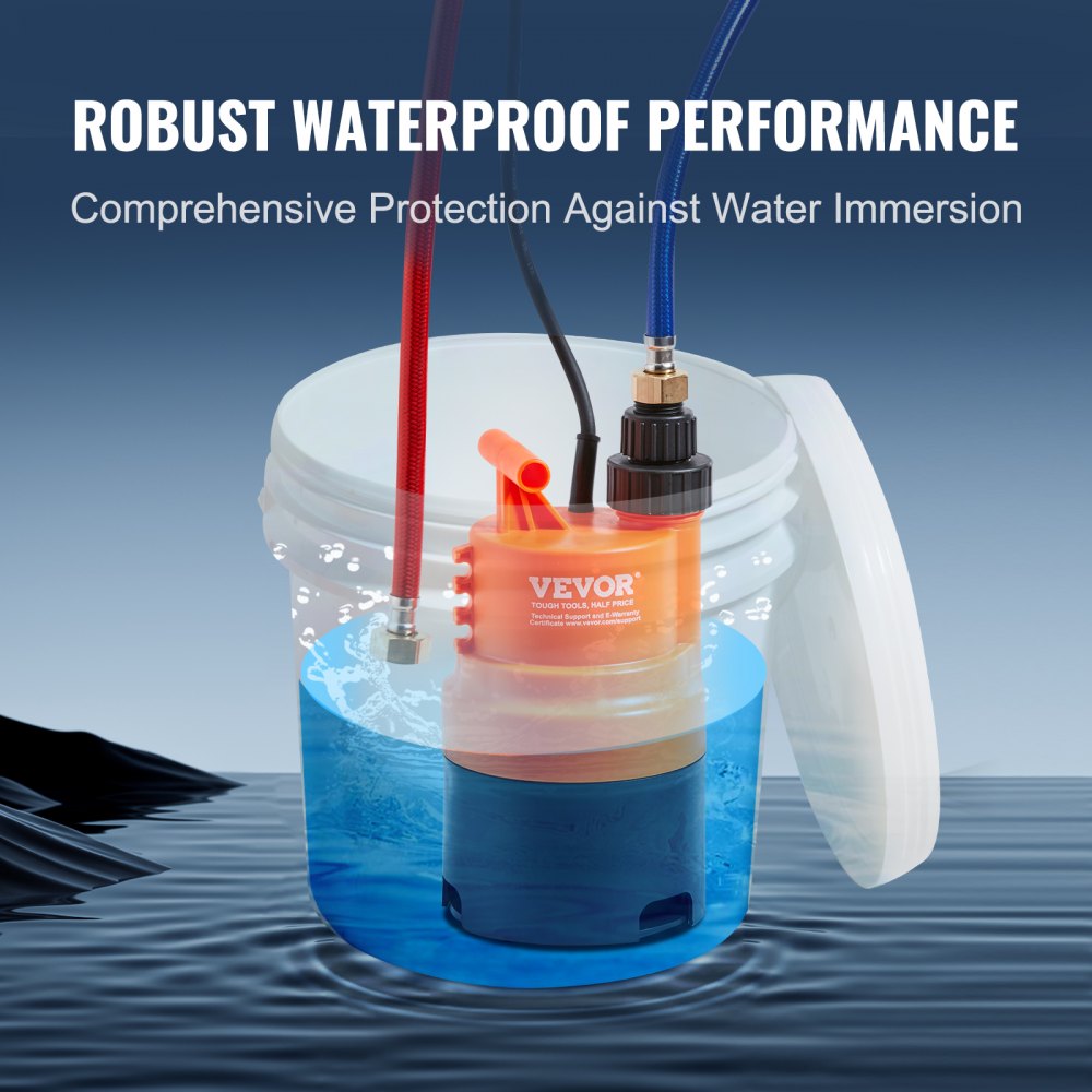 Tankless water heater flushing kit with pump submerged in a 3.7-gallon clear pail.