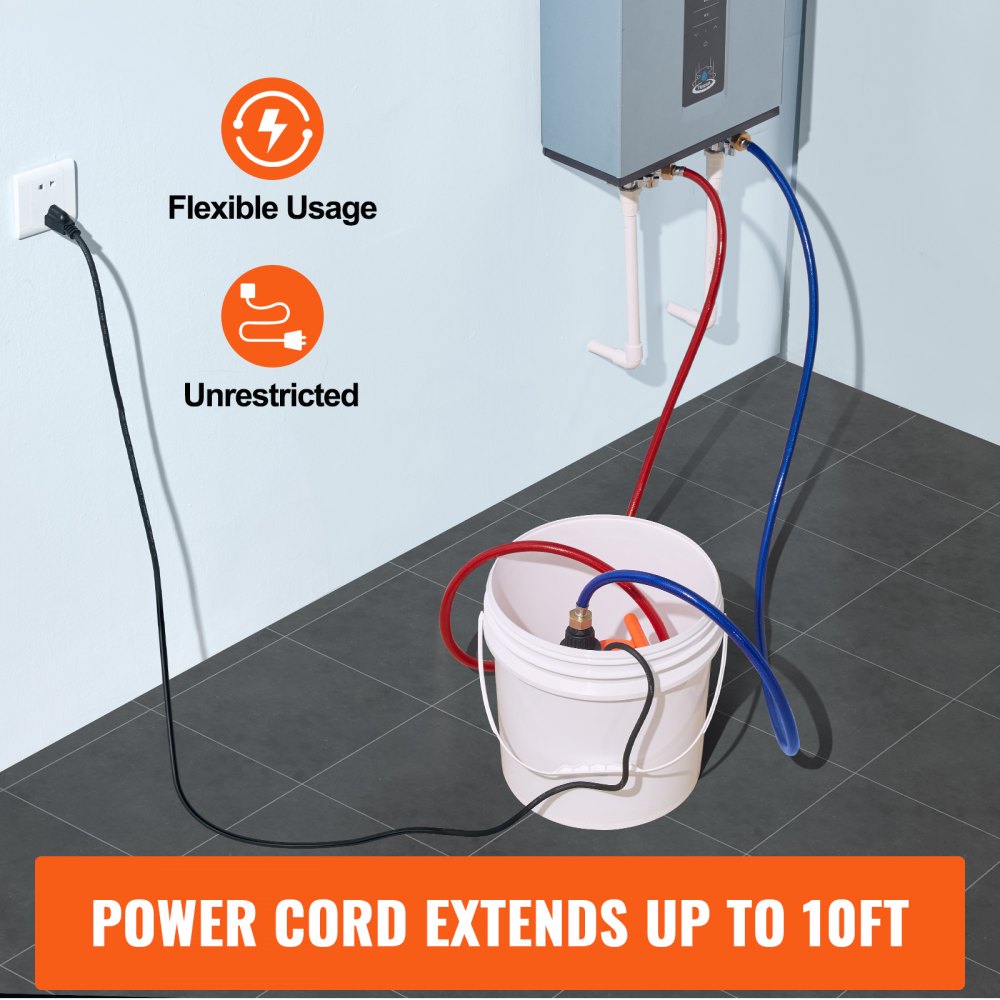 Tankless water heater flushing kit with pump, 3.7 gal pail, hoses, and 10 ft power cord.