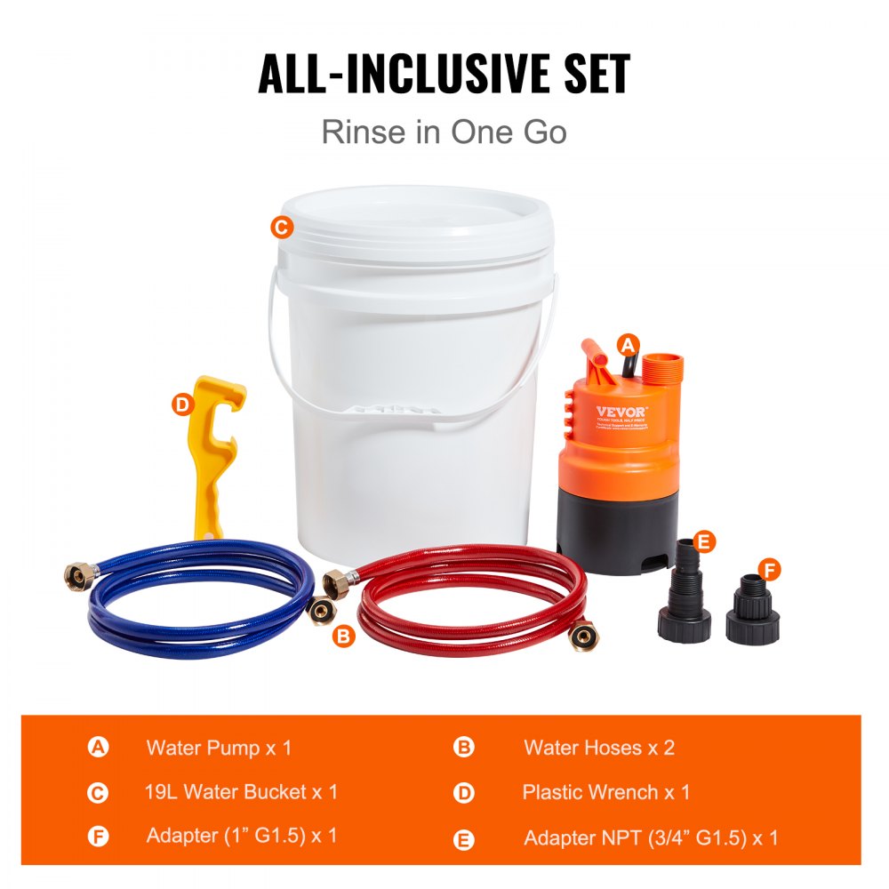 Tankless water heater flushing kit with pump, 3.7-gallon pail, hoses, and adapters.