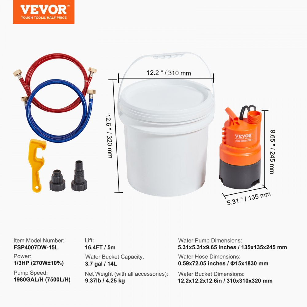 Bostome tankless water heater flushing kit with 1/3 HP orange submersible pump, white 3.7-gallon pail, red and blue hoses, and black fittings.