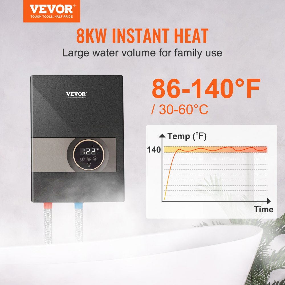 Bostome 8kW electric tankless water heater with digital display and compact wall-mount design.