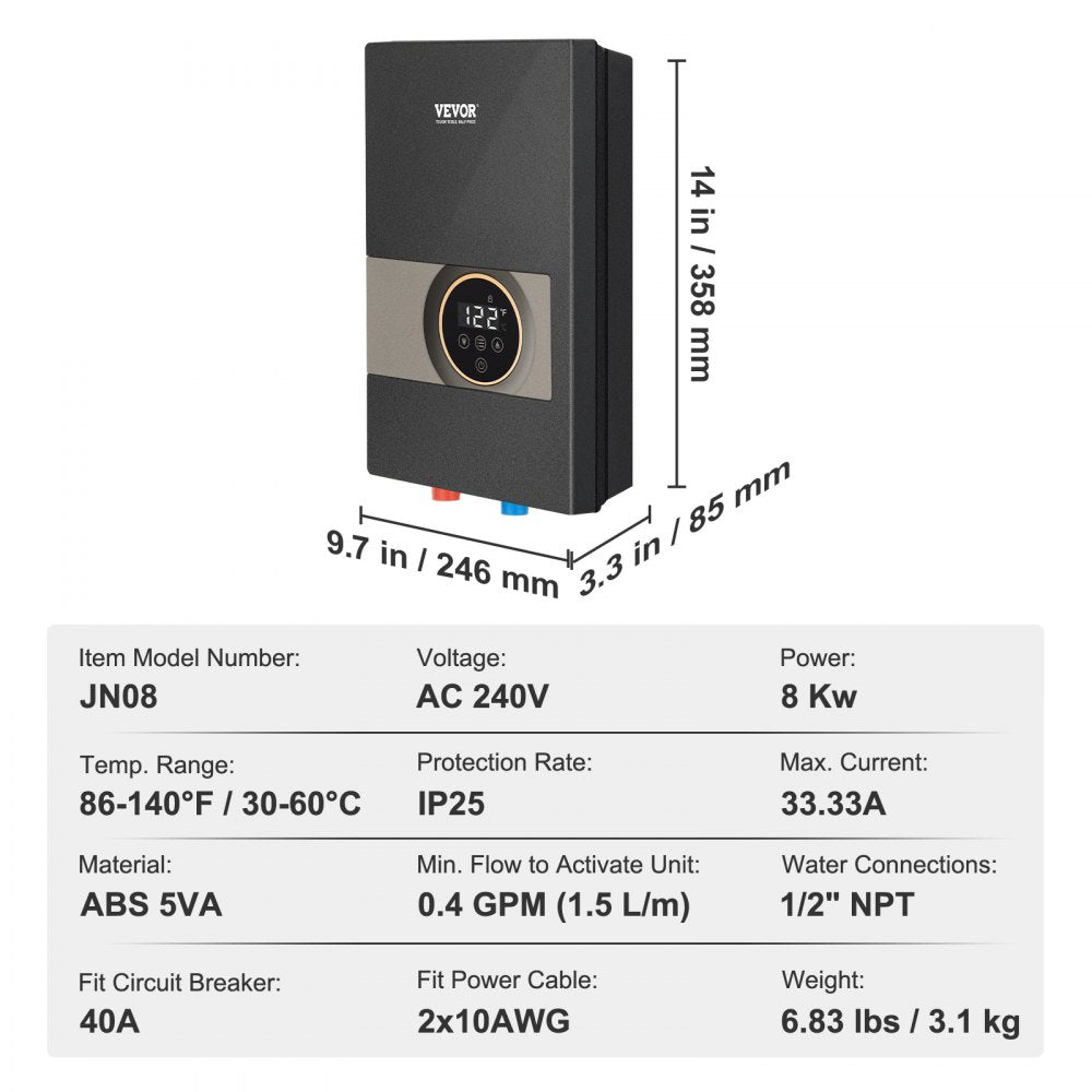 Electric tankless water heater with digital display and compact wall-mount design.