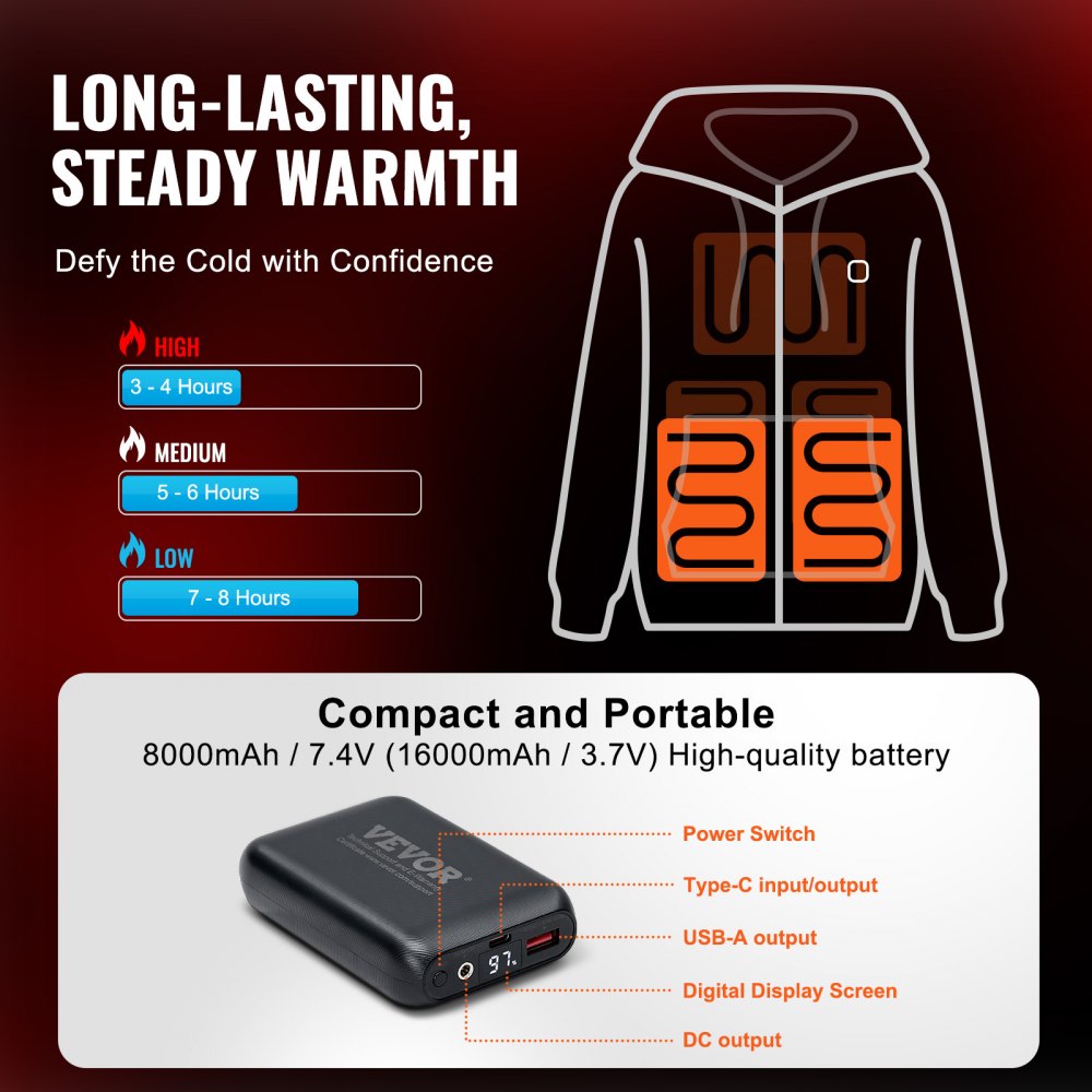 Heated Hoodie Sweatshirt Zip Up Unisex with Battery for Men&Women M Black